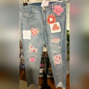 Redneck Princess  Patchwork Straight Leg Jeans/Shirt Combo, Heart Patches,sz8
